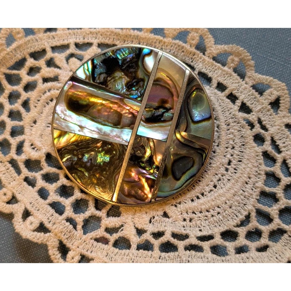 Vintage Abalone Shell Brooch, Mother of Pearl Mosaic Pin, Iridescent Statement